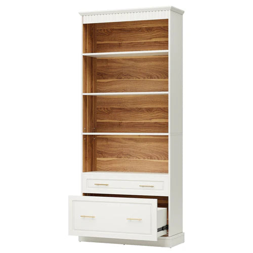 Bookshelf 72" 5-Shelf Bookcase with Drawers Freestanding Display Shelf White
