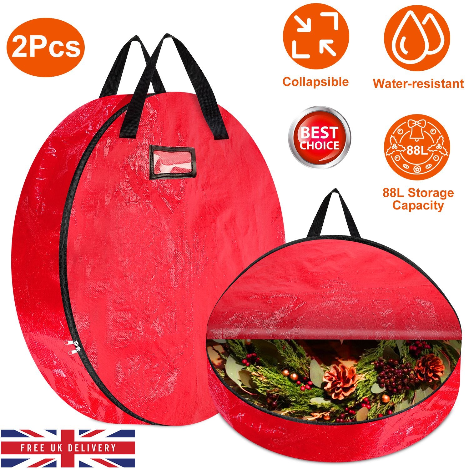 2Pcs ?30in Christmas Wreath Storage Bag 88L Water-resistant Foldable Wreath Container Bag w/ Handles Card Slot
