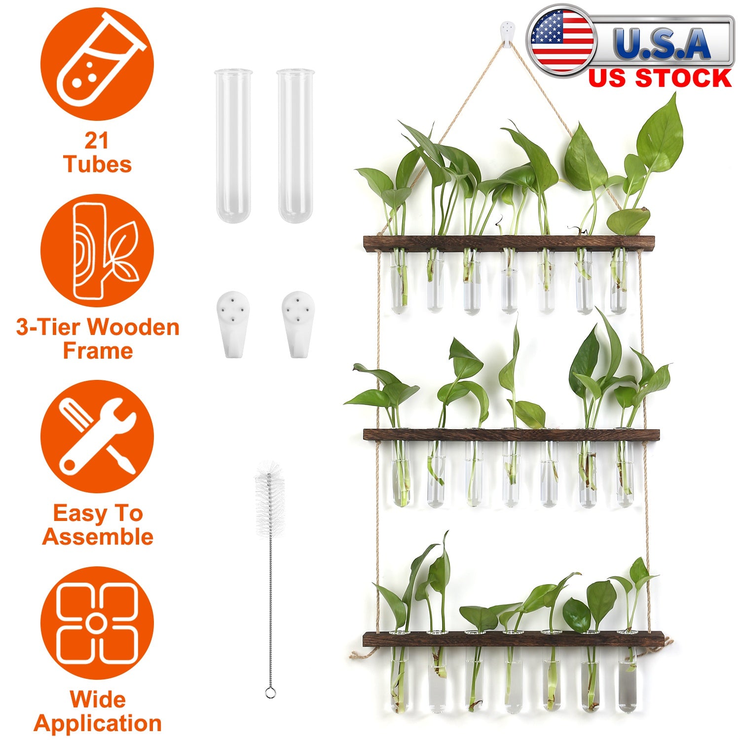 3-Tier Wall Hanging Planter Glass Hydroponic Vase Plant Flower Propagation Tube Planter Terrarium with Wooden Stand