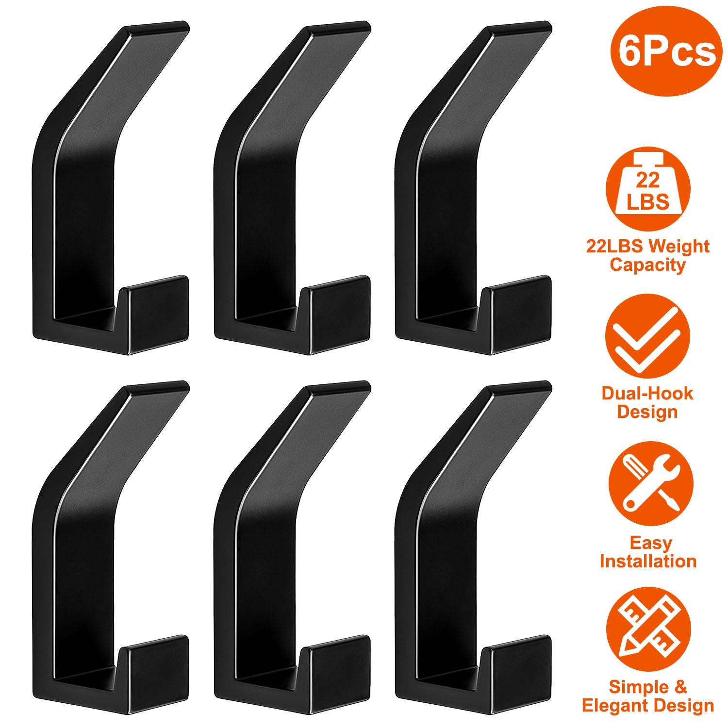 6 Packs Adhesive Hooks Aluminum Alloy Double Hook Wall Hanging Holders Hangers with Strong Glue 22LBS Capacity for Robe Coat Hat Keys