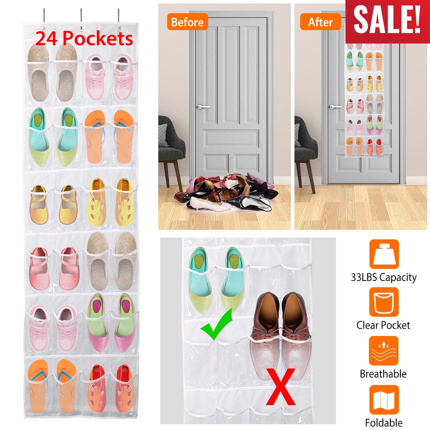 Over the Door Shoes Rack 24-Pocket Crystal Clear Organizer 6-Layer Hanging Storage Shelf for Shoes Slippers Small Toys Closet Cabinet