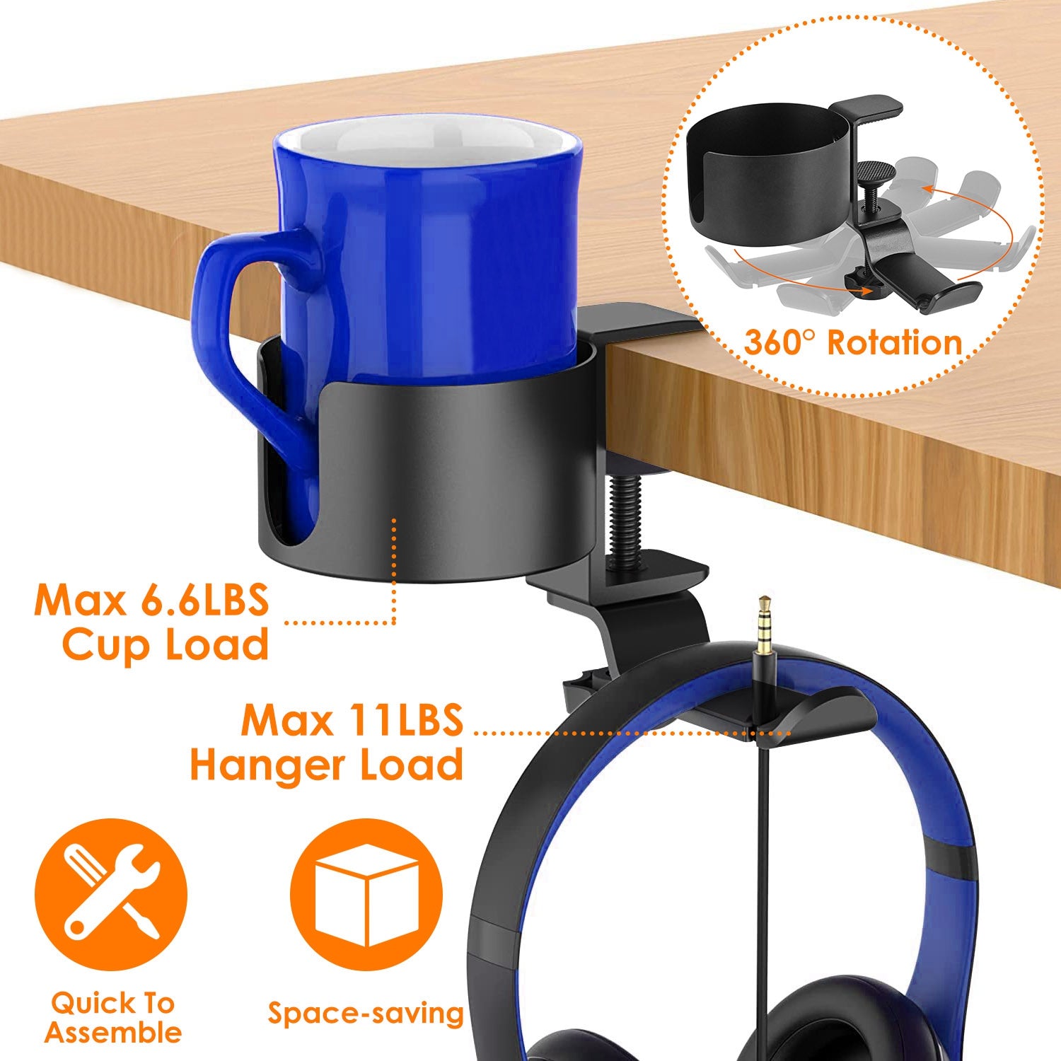 Desk Cup Holder 2-In-1 Anti-spill Cup Holder with 360° Rotating Headphone Hanger Desk Space Saver for Office Home