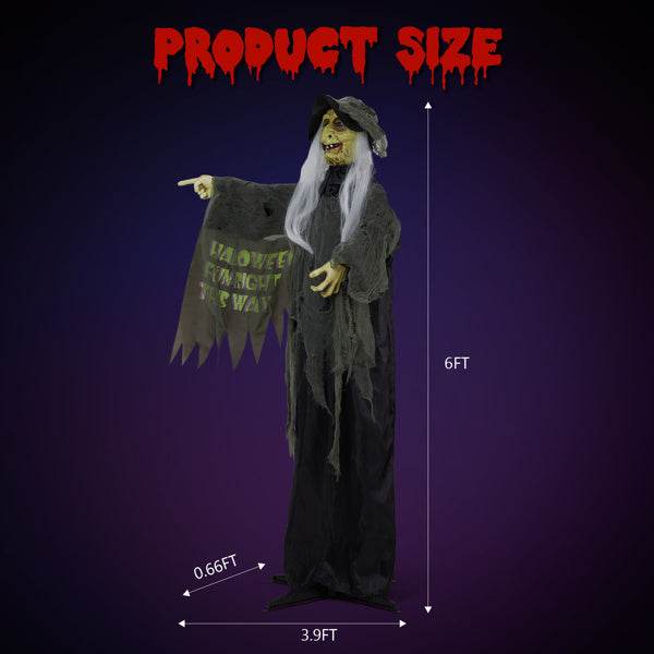 6ft Eye Red Light Vibration Witch Sound Voice Control, Standing Guiding Witch, Battery Model - Batteries Not Included, Halloween Standing Decoration