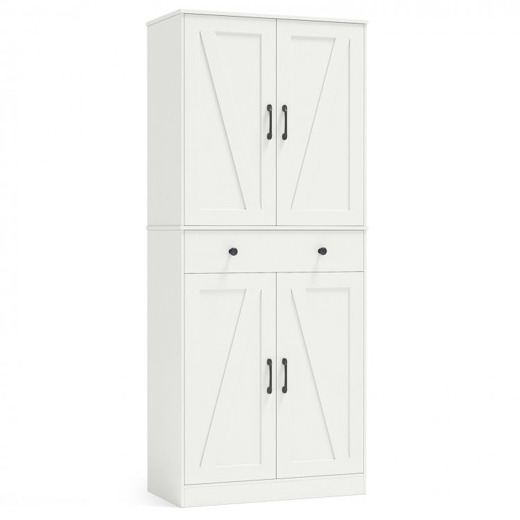 72 Inch Tall Modern Farmhouse Cupboard Cabinet with 4 Barn Doors-White
