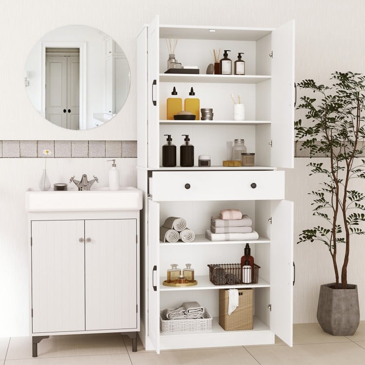 72 Inch Tall Modern Farmhouse Cupboard Cabinet with 4 Barn Doors-White