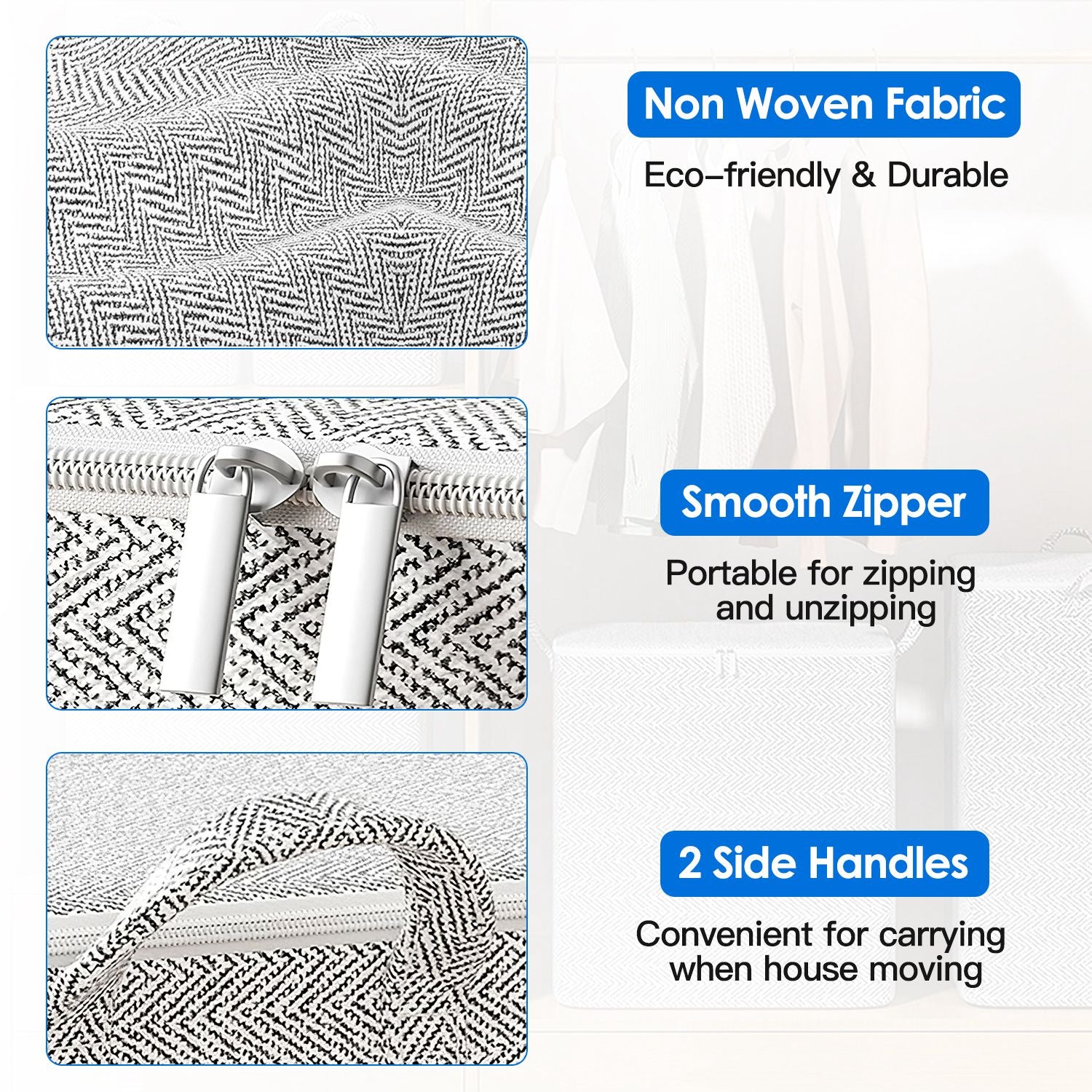 4 Pack Foldable Non Woven Storage Bags Closet Organizers Wardrobe Sorting Baskets with 2 Handles Dustproof Lid Zipper for Clothes Quilt 30L 110L 150L