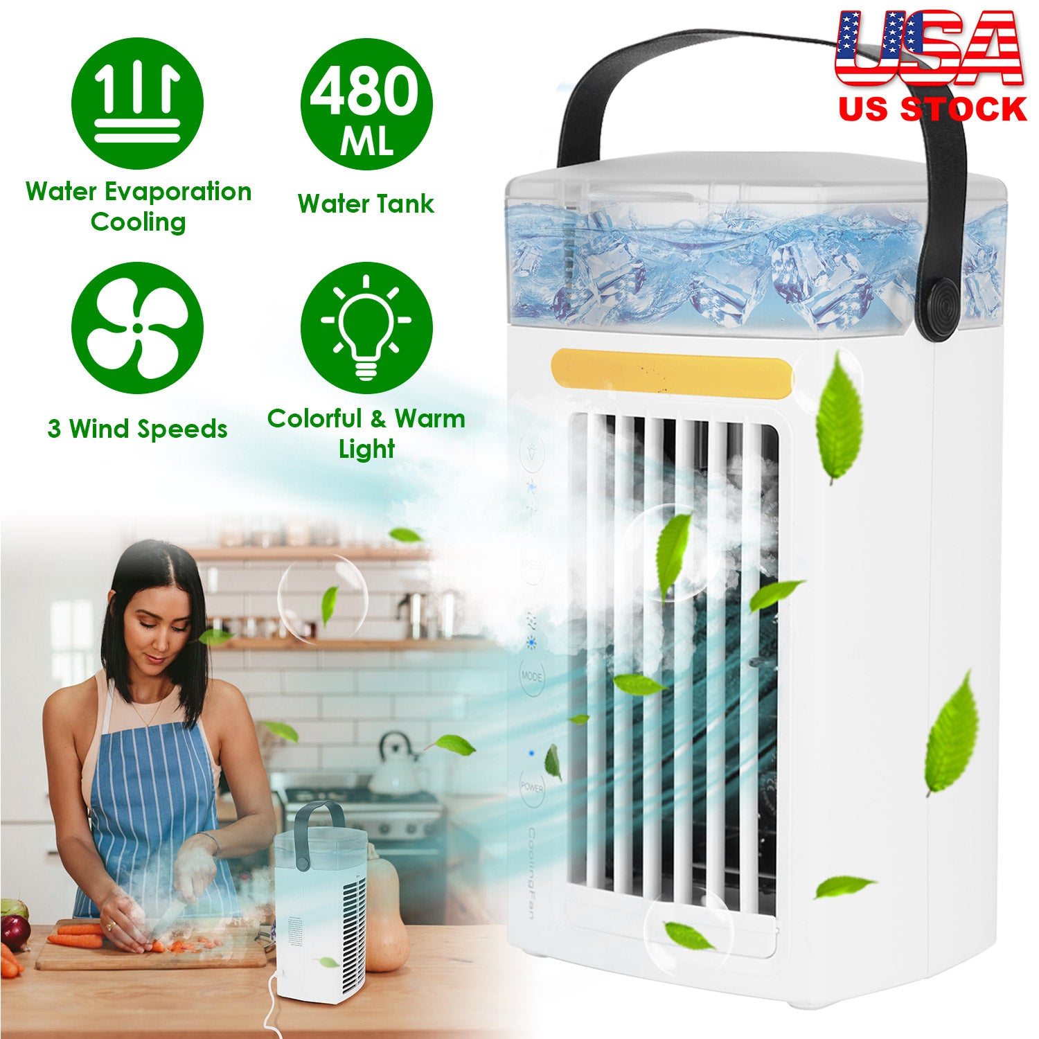 4 In 1 Portable Air Conditioner Fan Evaporative Air Cooler Water Mist Cooling Fan for Desktop 3 Speeds Nightlight