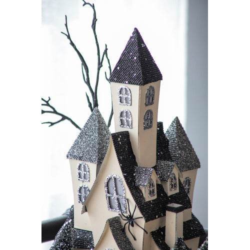 10x8.3x13.5 Cardboard Lighted Haunted House, Black Beige Tabletop Holiday Halloween Decor, Battery Powered
