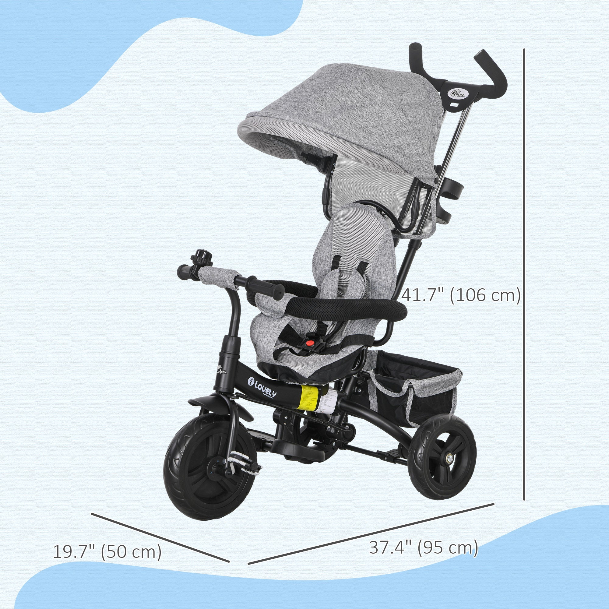 Qaba 4-in-1 Convertible Toddler Tricycle Stroller with Canopy Basket Safety Harness for Kids 12-60 Months Grey