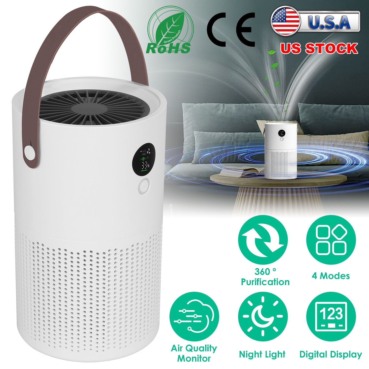 Portable Anion Air Purifier Electronic Air Sterilization with 4 Modes Night Light Max 215.3Sq.ft Air Cleaner with Handle for Home Office Car Air Quali