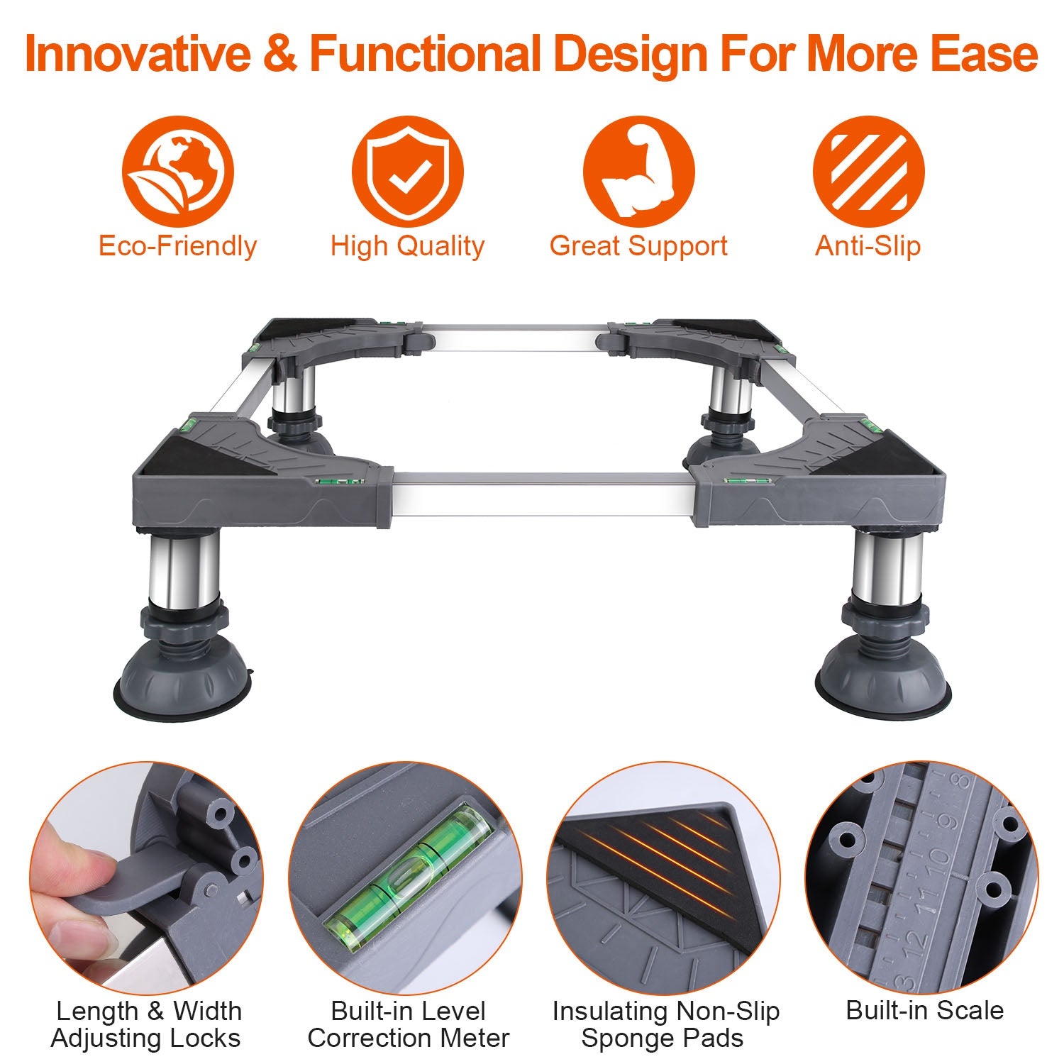 Adjustable Mini Fridge Stand with 4 Powerful Suction Feet Multi-Functional Appliance Base Adjustable Width Length Height For Washing Machine Dryer Ref