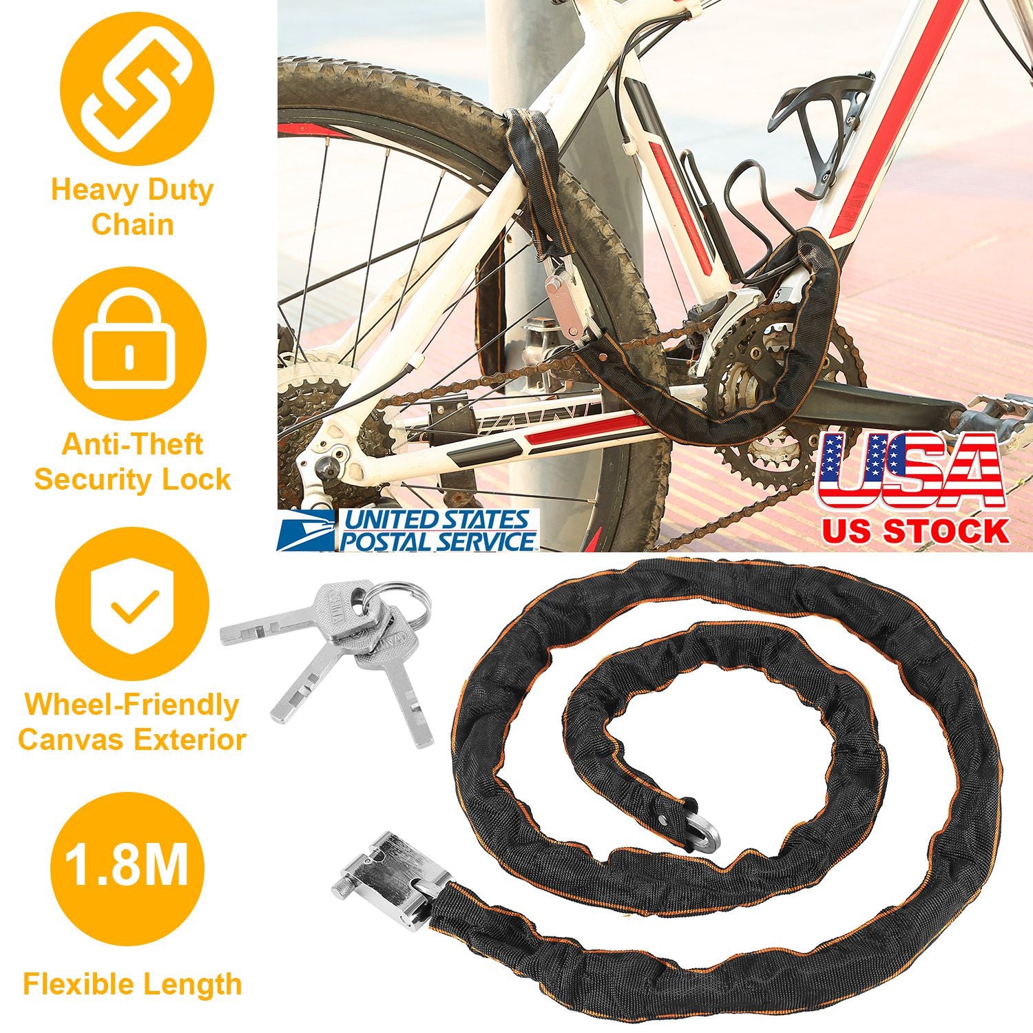 1.8M Bike Chain Lock w/ 3 Keys Heavy Duty Security Lock Bicycle Motorcycle Motor Bike Chain Lock