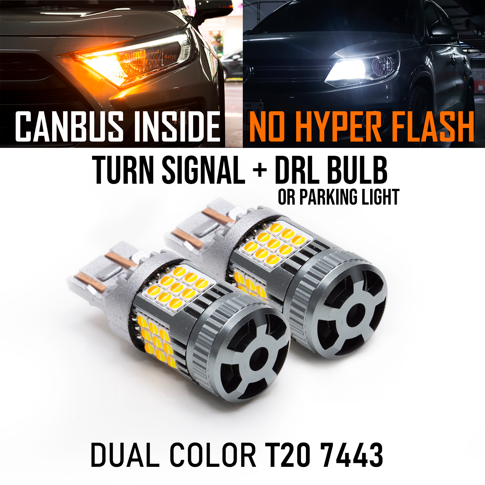 LED Switchback White / Amber Auto LED Bulb T20 7443 7444 36SMD Turn Signal Daytime Running Light DRL Parking Light (1 Pair)