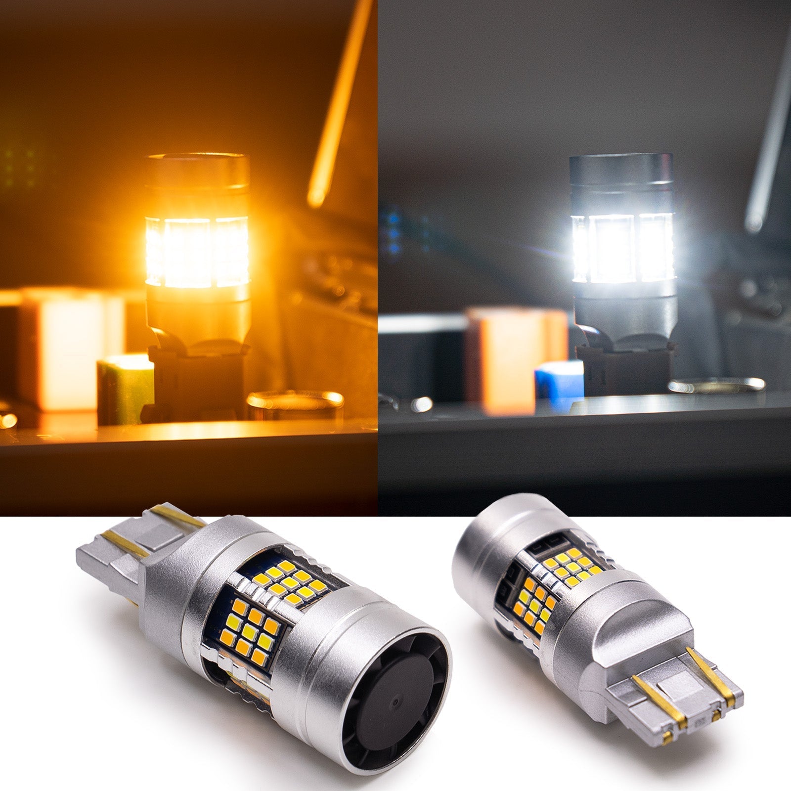 7443 7444 T20 LED Turn Signal Light Anti Hyper Flash CANBUS Error Free Switchback Dual Color Bulb White Amber | G54 Series HYUGA (Pack of 2)