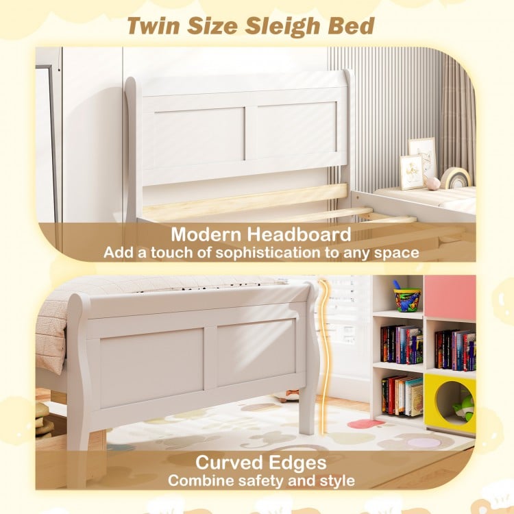 Twin Size Sleigh Bed with 2 Storage Drawers Wood Platform Bed Frame-White
