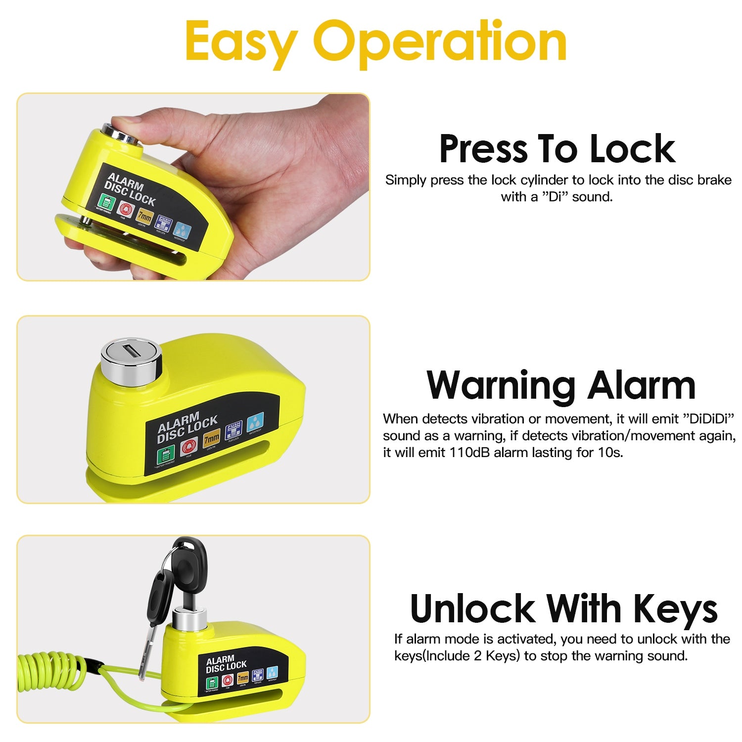 Motorcycle Disc Lock Alarm Anti-theft Brake Disc Lock Wheel Alarm Security Lock with 110dB Alarm 2 Keys 3.94FT Reminder Cable for Motorbike Bike Scoot