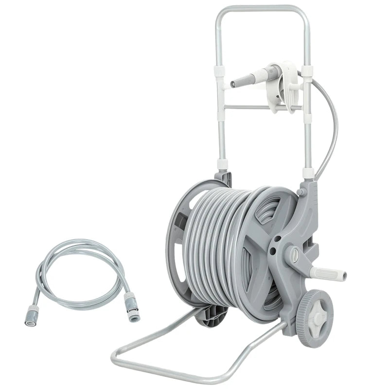 Hose Reel Cart with Wheels, 1/2" x 148ft Garden Hose Reel with 2 Patterns Nozzle, Faucet Adaptors, Rewind Handle, Grey