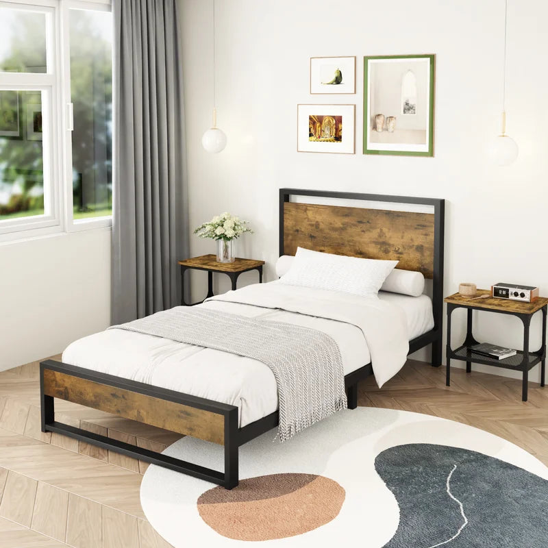 Fenham Black Metal Platform Bed with Industrial Wood Headboard
