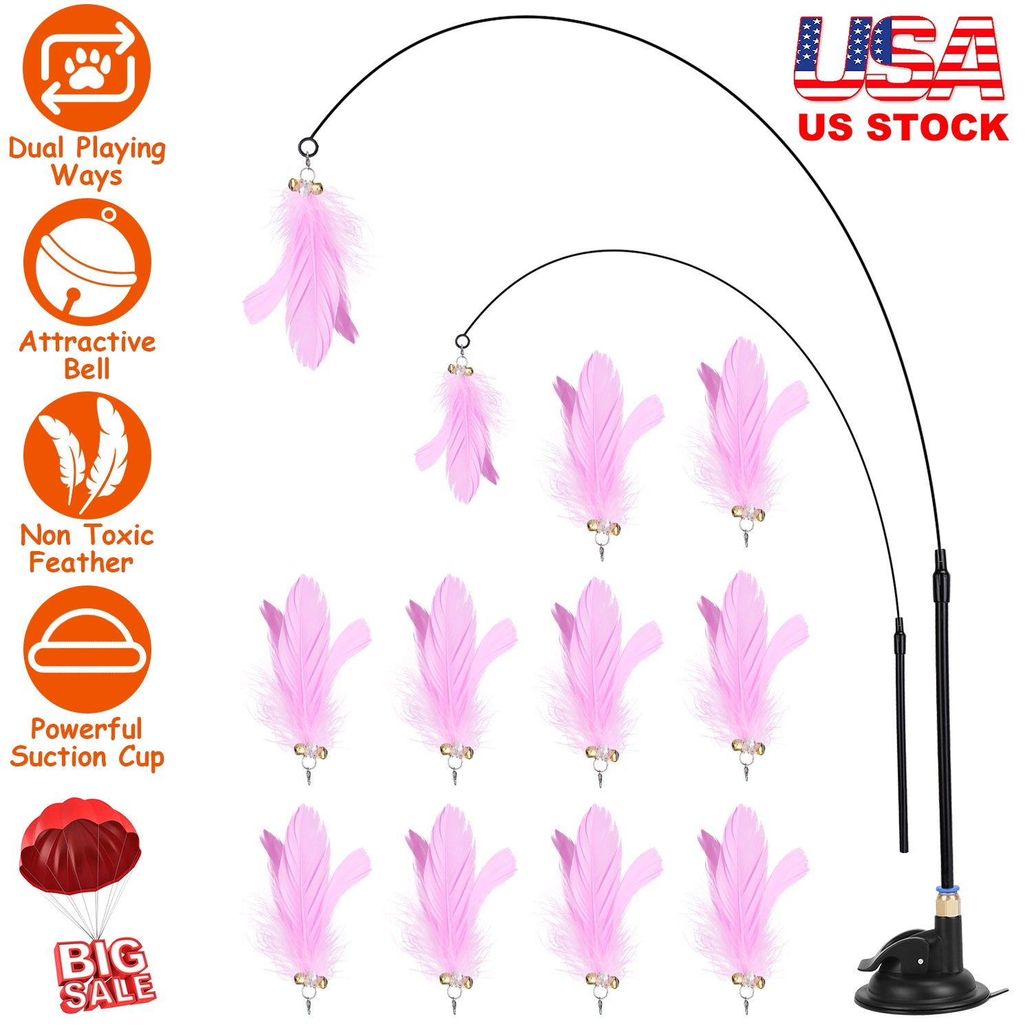 Cat Feather Toys Wand Rod Interactive Cat Spring Bell Play Toys with 12Pcs Feather Replacements Suction Cup Base for Cats Kitten