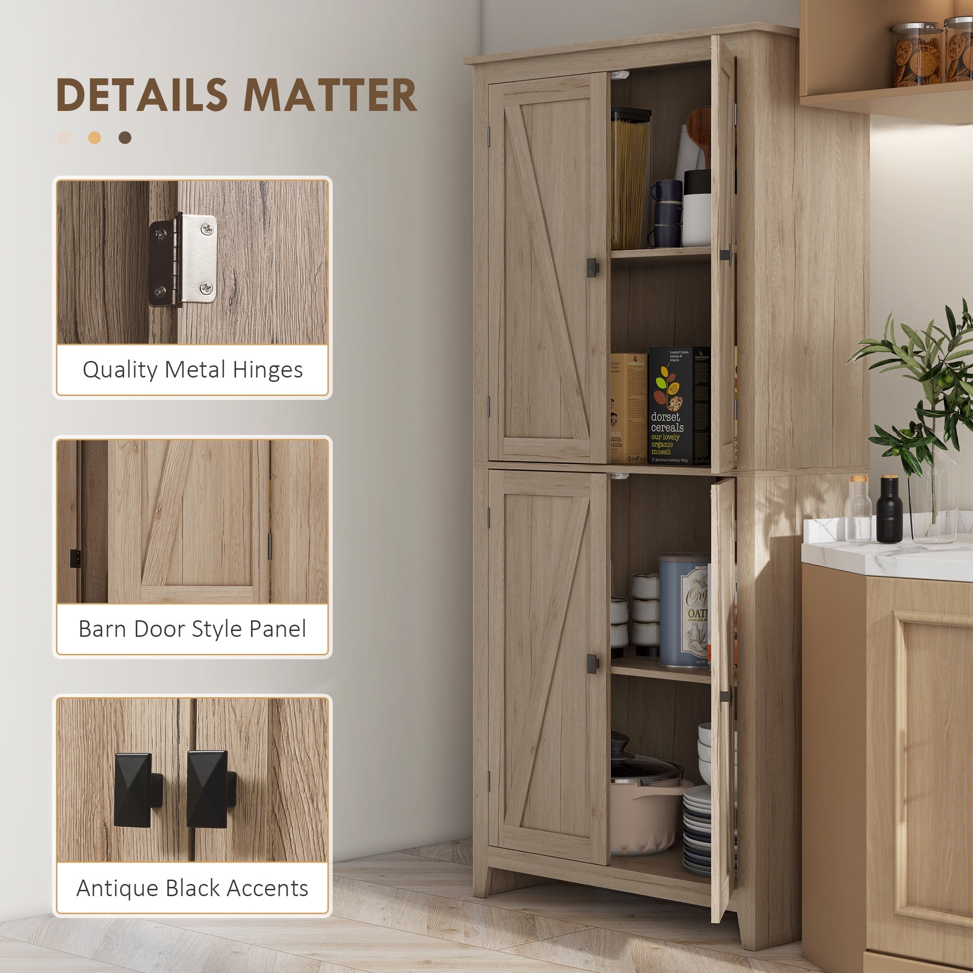 HOMCOM Natural 72" 4-Door Kitchen Pantry: Freestanding Buffet Cabinet, Pantry Organizer with 4-Tier Shelves