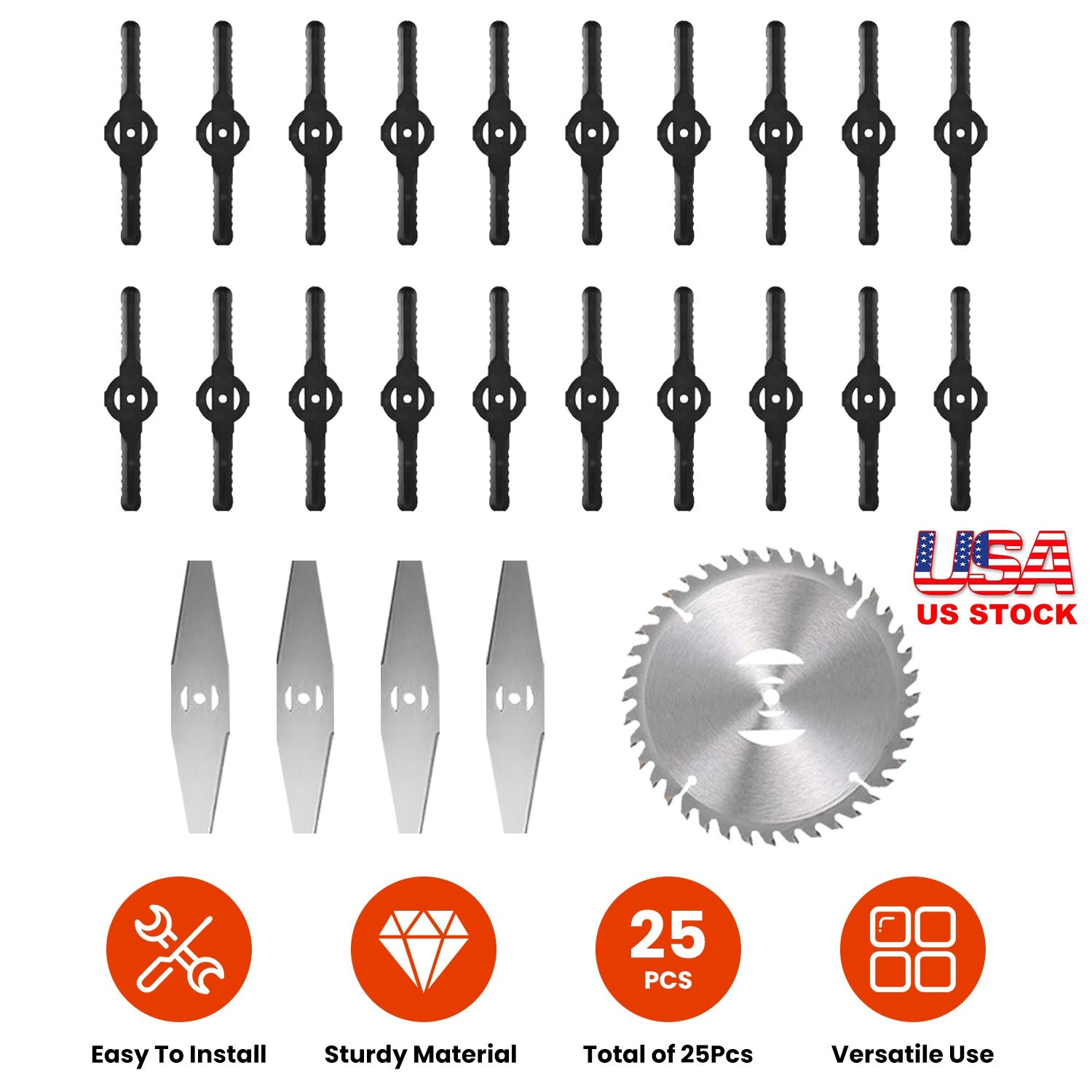 25Pcs Trimmer Blades Head Replacement Set 1Pc 5.91” Alloy Blade 4Pcs 5.71” Stainless Steel Blades 20Pcs 5.31” Plastic Blades For Cordless Weed Trimmer