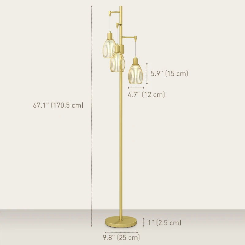 Industrial Floor Lamp with 3 Hanging Wire Lampshades, Dimmable Standing Lamp for Living Room, Gold