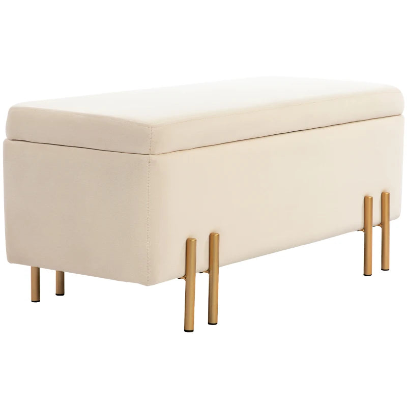 Storage Ottoman Bench, Flip-Top Bedroom Bench, 18.5 Gallons, Modern Velvet Storage Chest with Metal Legs, Beige