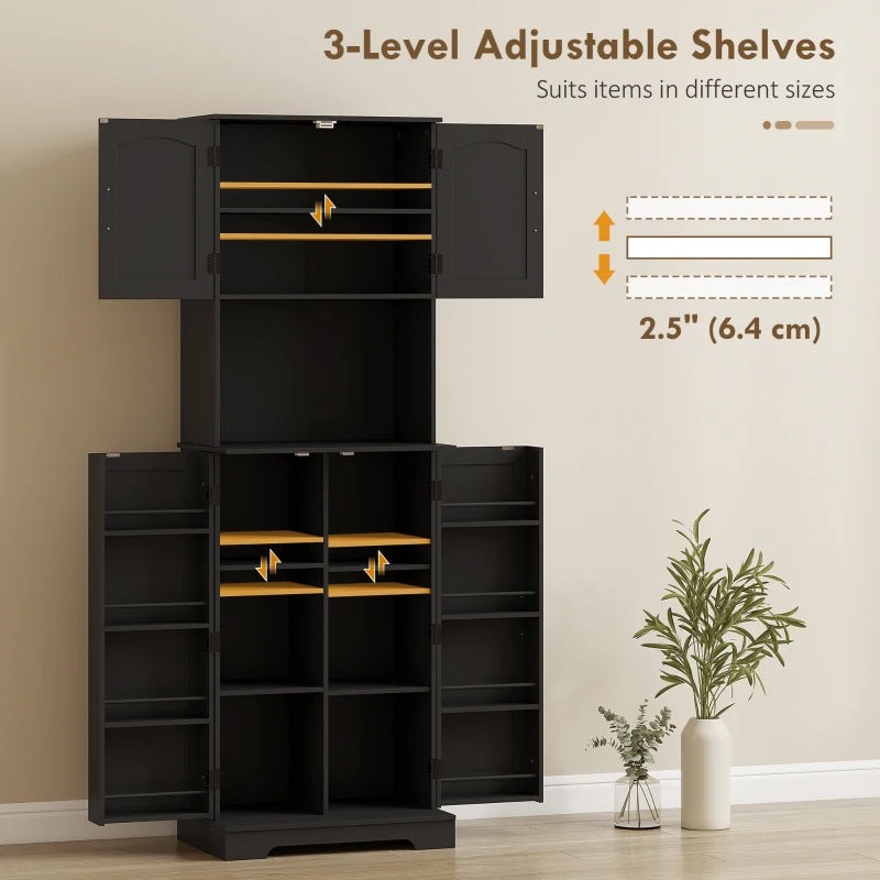 71.5" Tall Pantry Cabinet, Farmhouse Kitchen Storage Cabinet with Adjustable Shelves, 8 Door Spice Racks, Black