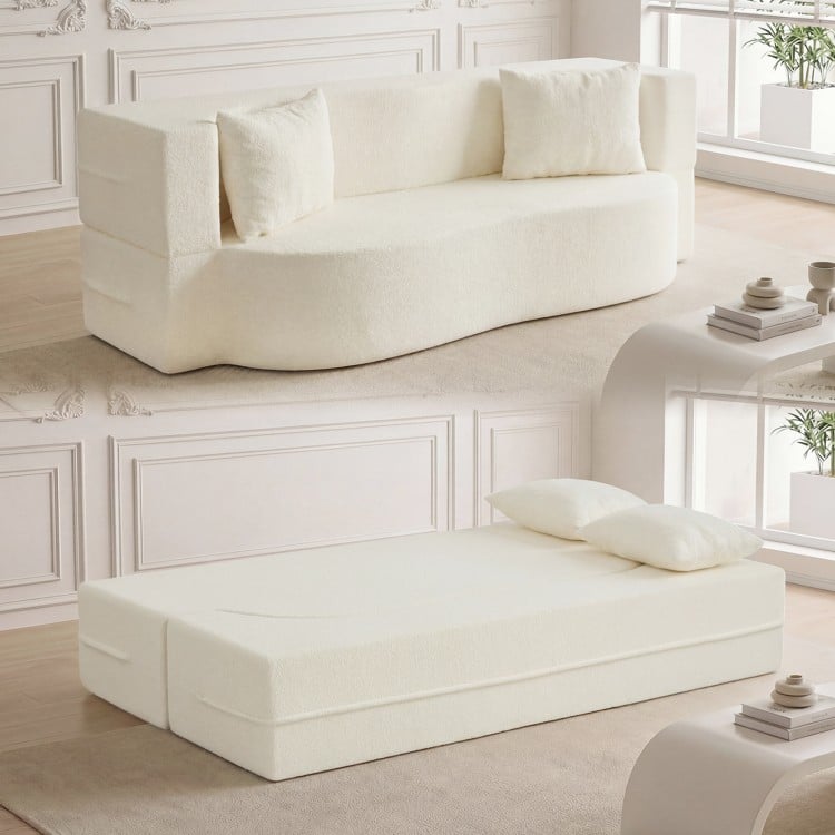 75.5 inch Folding Sofa Bed 2-in-1 Convertible Teddy Fleece Floor Loveseat with 2 Comfortable Pillows-Beige