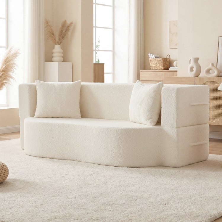 75.5 inch Folding Sofa Bed 2-in-1 Convertible Teddy Fleece Floor Loveseat with 2 Comfortable Pillows-Beige