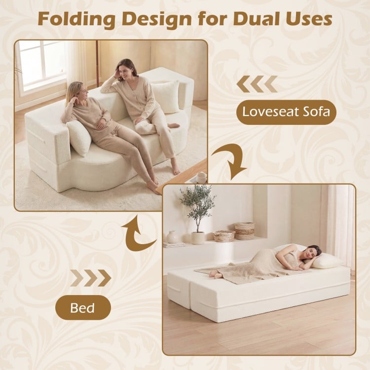 75.5 inch Folding Sofa Bed 2-in-1 Convertible Teddy Fleece Floor Loveseat with 2 Comfortable Pillows-Beige