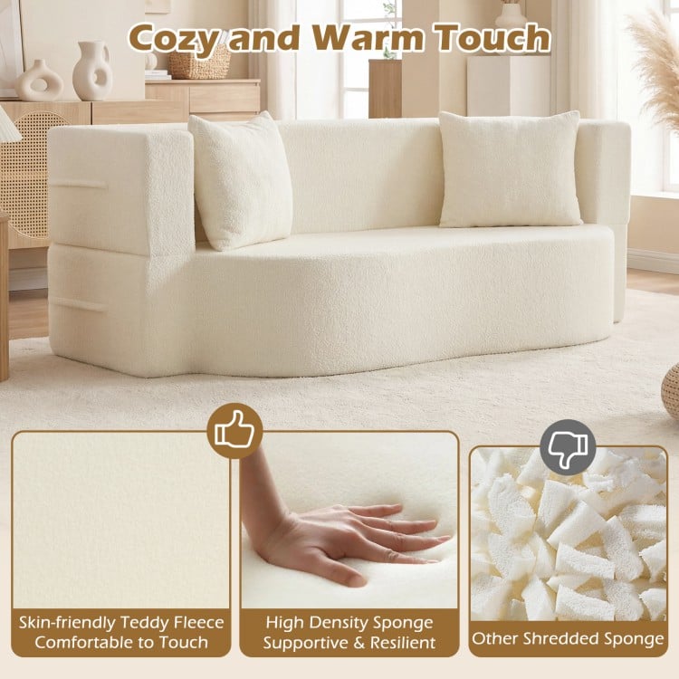 75.5 inch Folding Sofa Bed 2-in-1 Convertible Teddy Fleece Floor Loveseat with 2 Comfortable Pillows-Beige