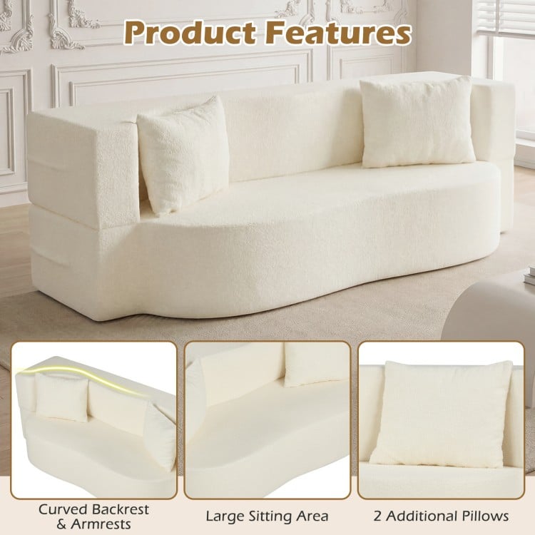 75.5 inch Folding Sofa Bed 2-in-1 Convertible Teddy Fleece Floor Loveseat with 2 Comfortable Pillows-Beige