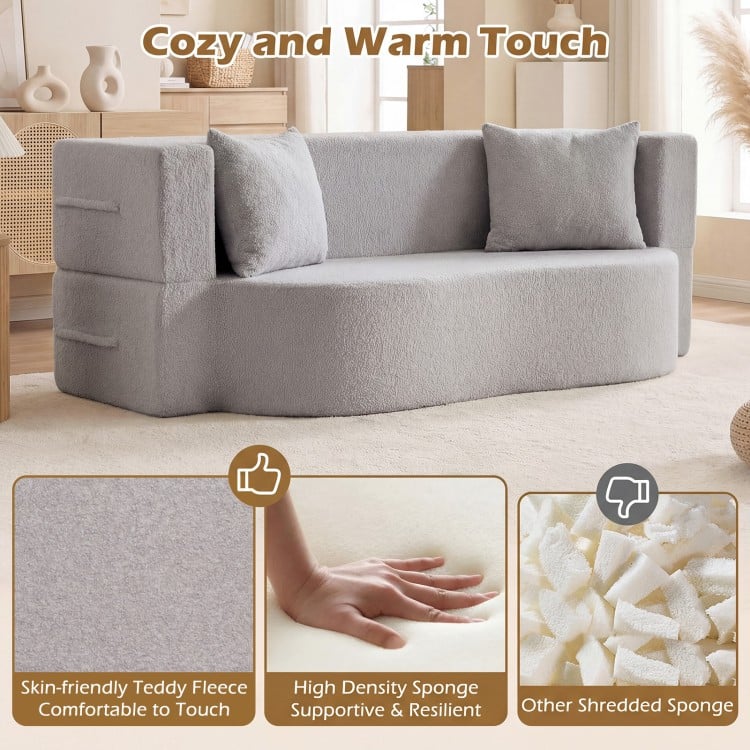 75.5 inch Folding Sofa Bed 2-in-1 Convertible Teddy Fleece Floor Loveseat with 2 Comfortable Pillows-Gray