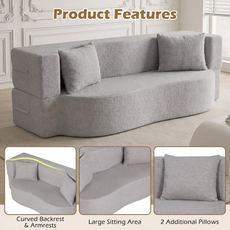 75.5 inch Folding Sofa Bed 2-in-1 Convertible Teddy Fleece Floor Loveseat with 2 Comfortable Pillows-Gray