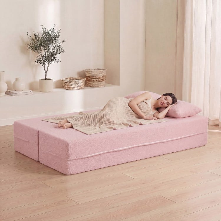 75.5 inch Folding Sofa Bed 2-in-1 Convertible Teddy Fleece Floor Loveseat with 2 Comfortable Pillows-Pink