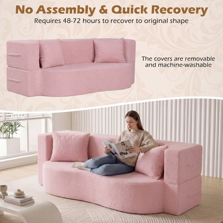75.5 inch Folding Sofa Bed 2-in-1 Convertible Teddy Fleece Floor Loveseat with 2 Comfortable Pillows-Pink