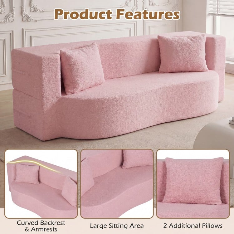 75.5 inch Folding Sofa Bed 2-in-1 Convertible Teddy Fleece Floor Loveseat with 2 Comfortable Pillows-Pink