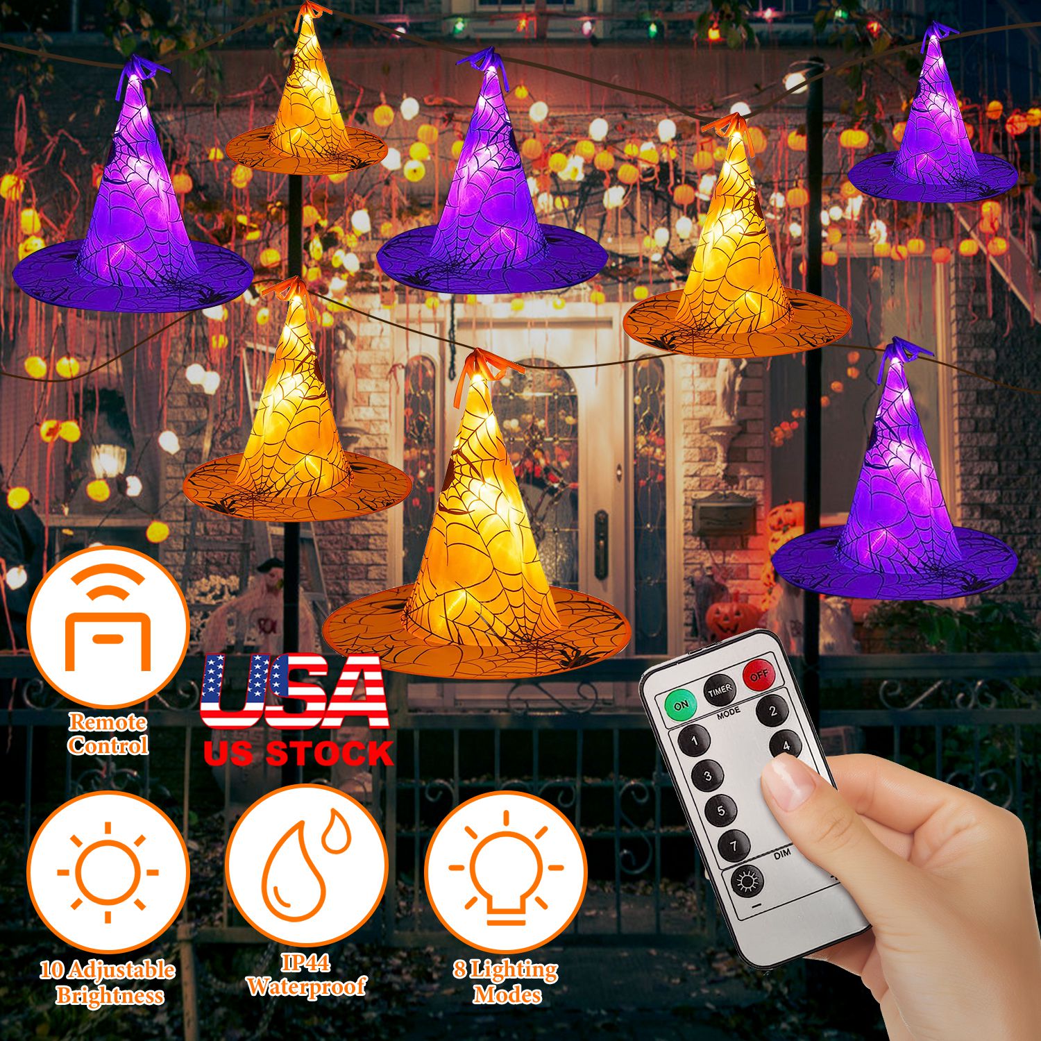 8 Pack 13FT Witch Hat Hanging String LED Light Halloween Decoration Battery Powered Remote Control 8 Lighting Modes Glowing Outdoor Indoor Halloween P