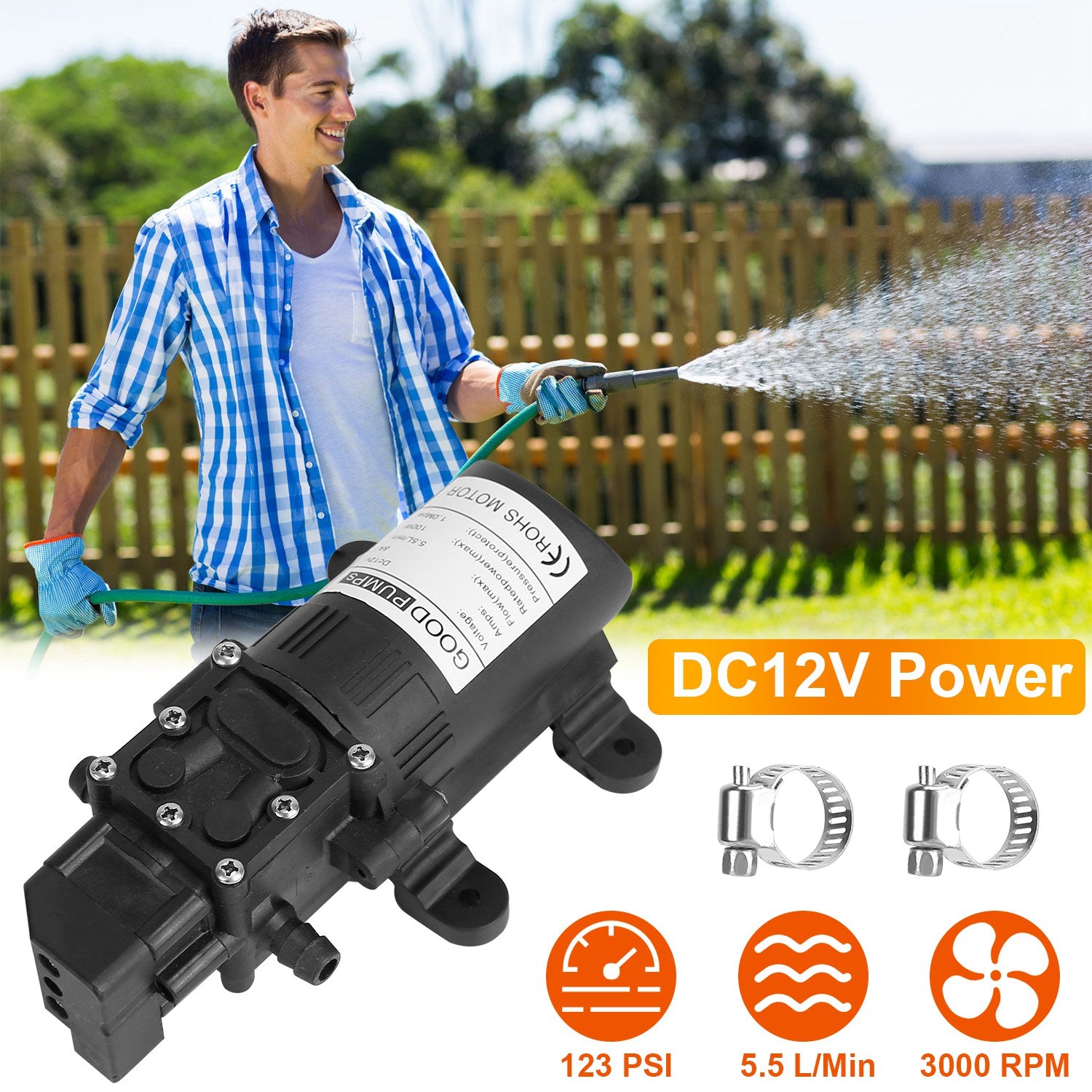 12V Water Pump with 2 Hose Clamps 123PSI Self Priming Sprayer Pump 100W Electric Diaphragm Water Pump 5.5L/Min for RV Camper Marine Boat