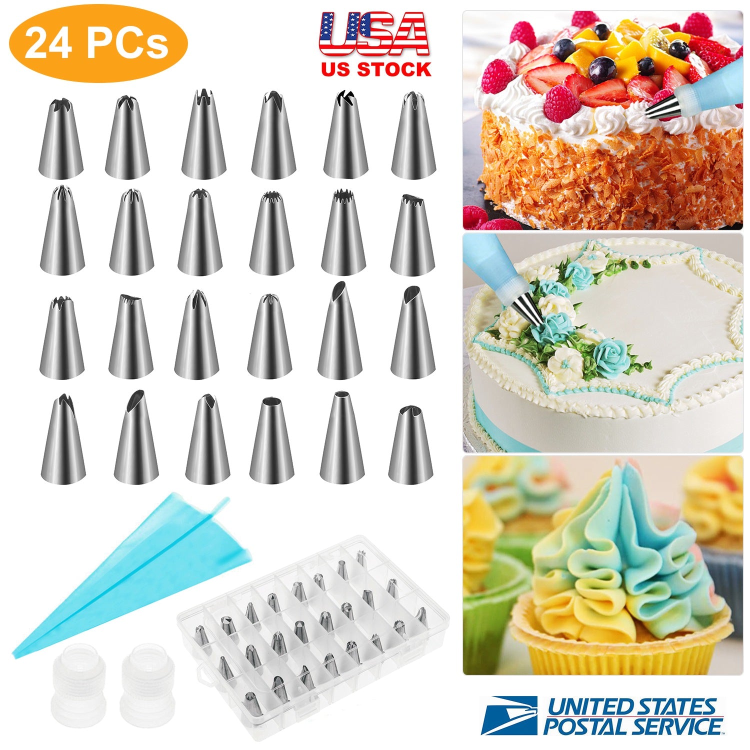 24Pcs Cake Decorating Supplies kit Stainless Steel DIY Baking Supplies Icing Tips with Pastry Bags & Disposable Coupler & Storage Case