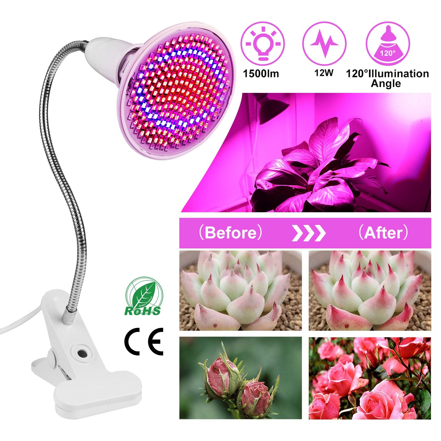 LED Grow Light 12W 200 Red Blue LEDs Plant Grow Lamp 360°Rotatable Plant Light w/ Desk Clip for Plants Indoor