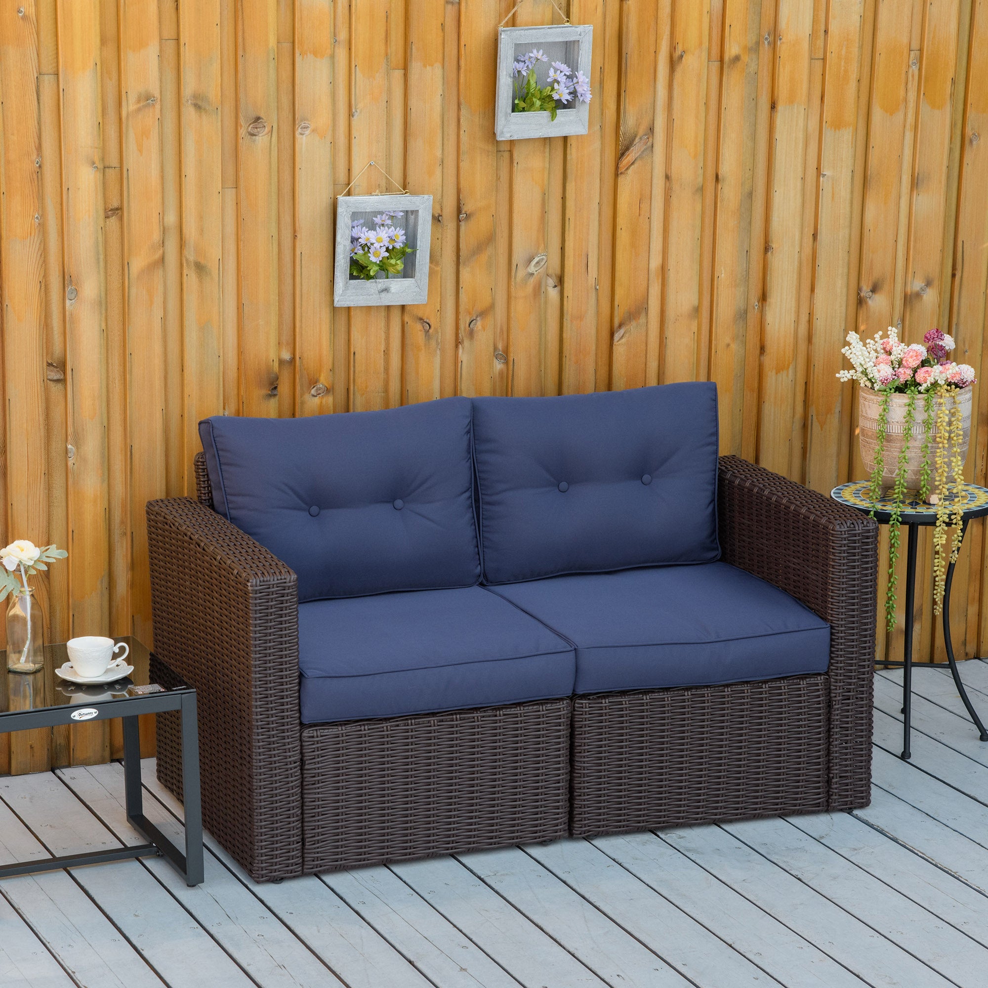 Outsunny 2 Pieces Patio Wicker Corner Sofa Set, Outdoor Freely Combination PE Rattan Furniture, with Curved Armrests & Padded Cushion