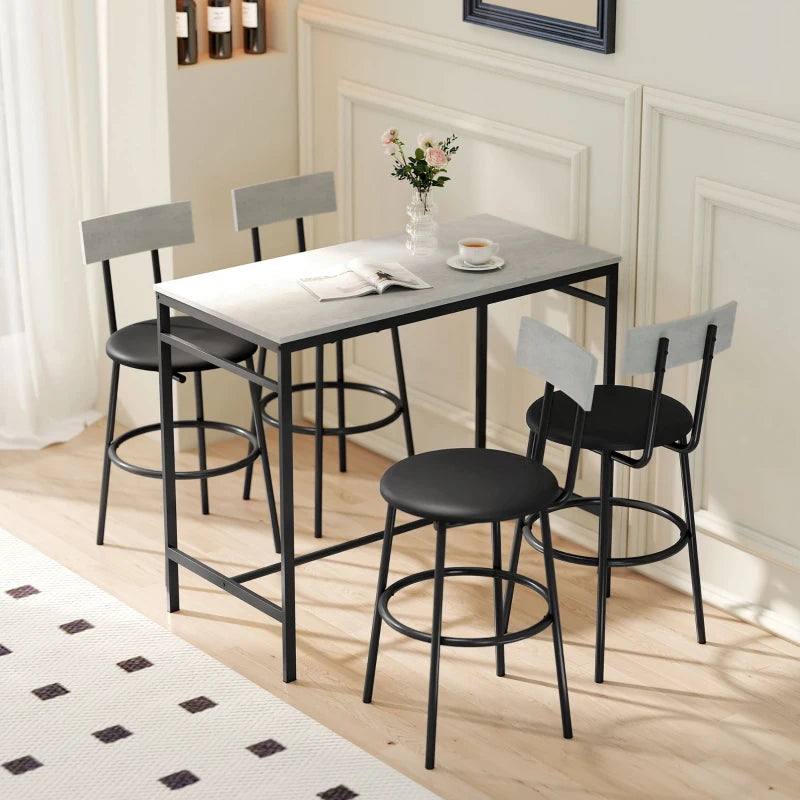 5-Piece Bar Table Set, Industrial Bar Table and Stools for 4 with Footrest and Steel Frame for Kitchen, Cement Grey