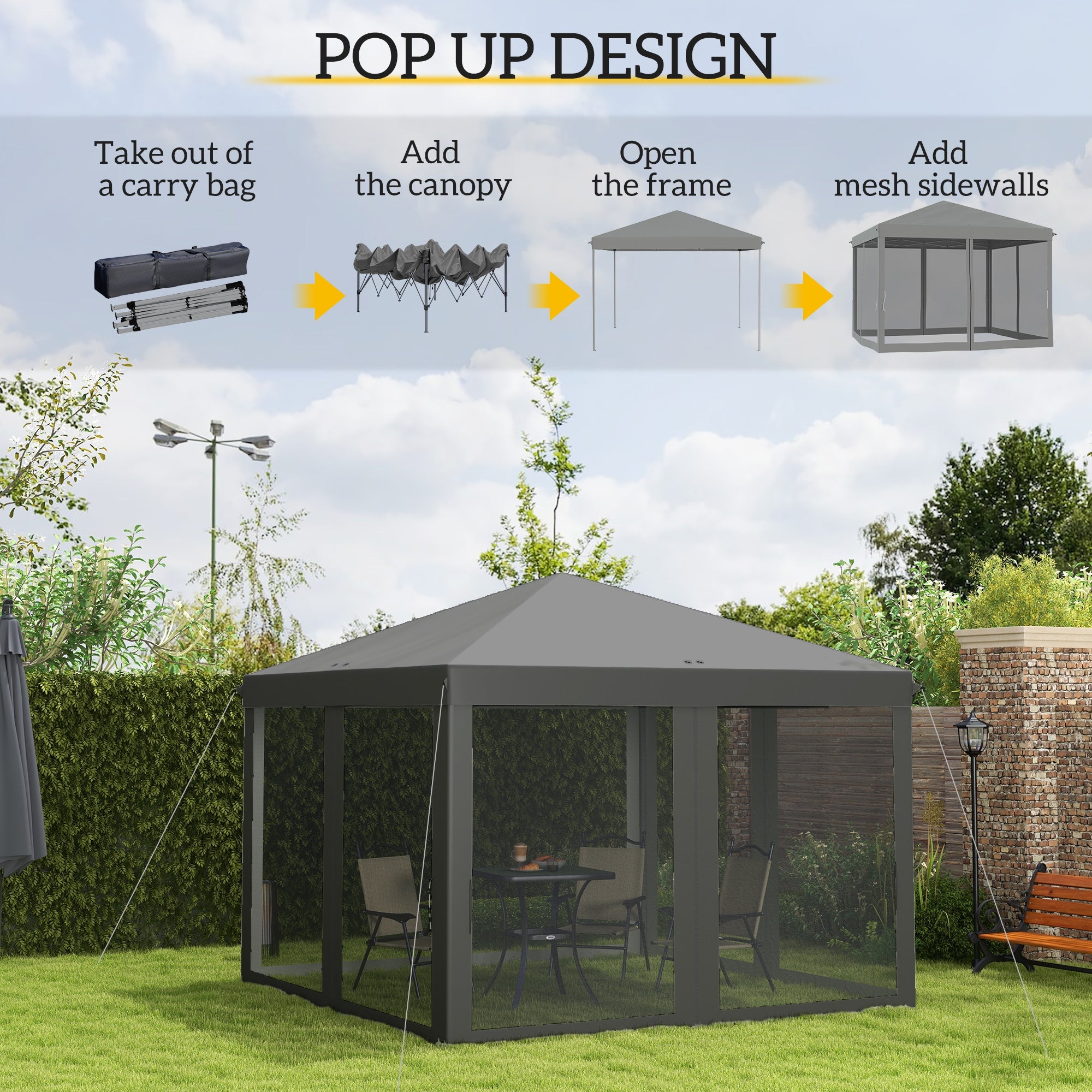 Outsunny Pop Up Canopy Tent: 10' x 10' Gazebo with Mesh Walls and Carry Bag for Outdoor Patio, Light Gray