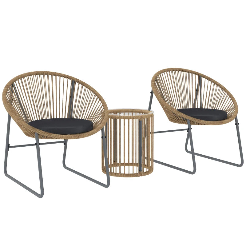 Outdoor Bistro Set, 3 Piece Wicker Patio Furniture Set with 2 Chairs and Glass-Top Table, Natural Wood