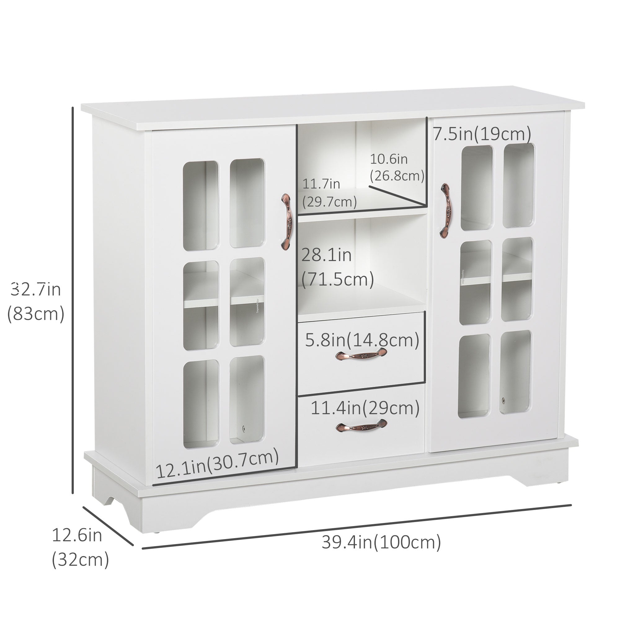 HOMCOM Elegant Buffet Bliss: Kitchen Sideboard with 2 Drawers, Glass Doors for Coffee Bar Storage, White Finish