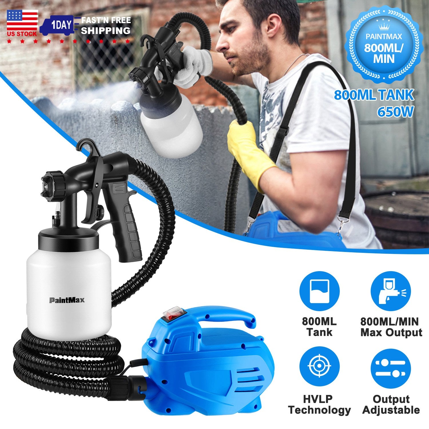 800ML Paint Spray Painter 650W Paint Sprayer Machine 800ML/Min Output HVLP Oil Primer Water Sprayer w/ 3 Spraying Patterns Motor Strap Detachable Cont