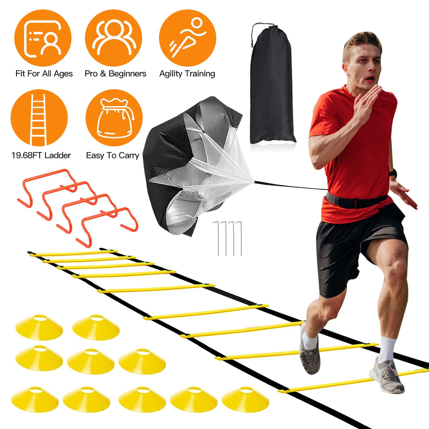 Speed Agility Training Equipment Set For Pro Beginner Including Cones Parachute Stakes Hurdles 19.68FT Ladder with Carrying Bag Soccer Football Basket