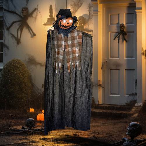 HOMCOM 6 Life Size Halloween Hanging Pumpkin Ghost Decoration, Light-up Eyes And Creepy Talking, Sound Activated Prop For Indoor Or Covered Outdoor Porch, Battery Operated